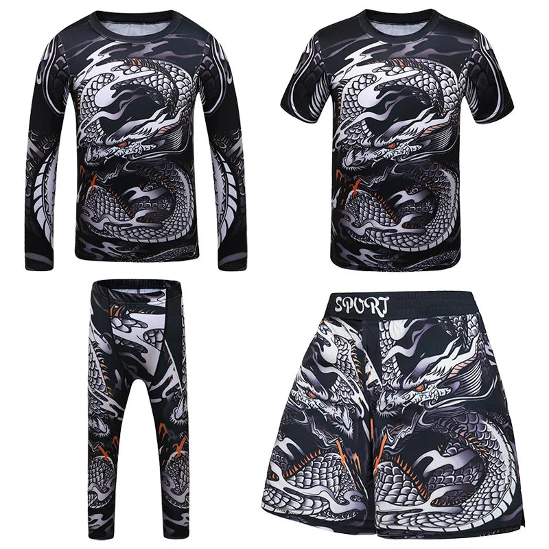 New Kids 4/pcs Sets Rashguard Jiu Jitsu MMA T-shirt+Pant For Children Muay Thai Shorts BJJ Tight Sportsuit MMA Boxing Fightwear