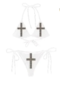 Striped Cross & Paw Print Bikini Set Women Triangle Halter Top Tie Side Bottoms Summer Y2K Punk Aesthetic Beachwear