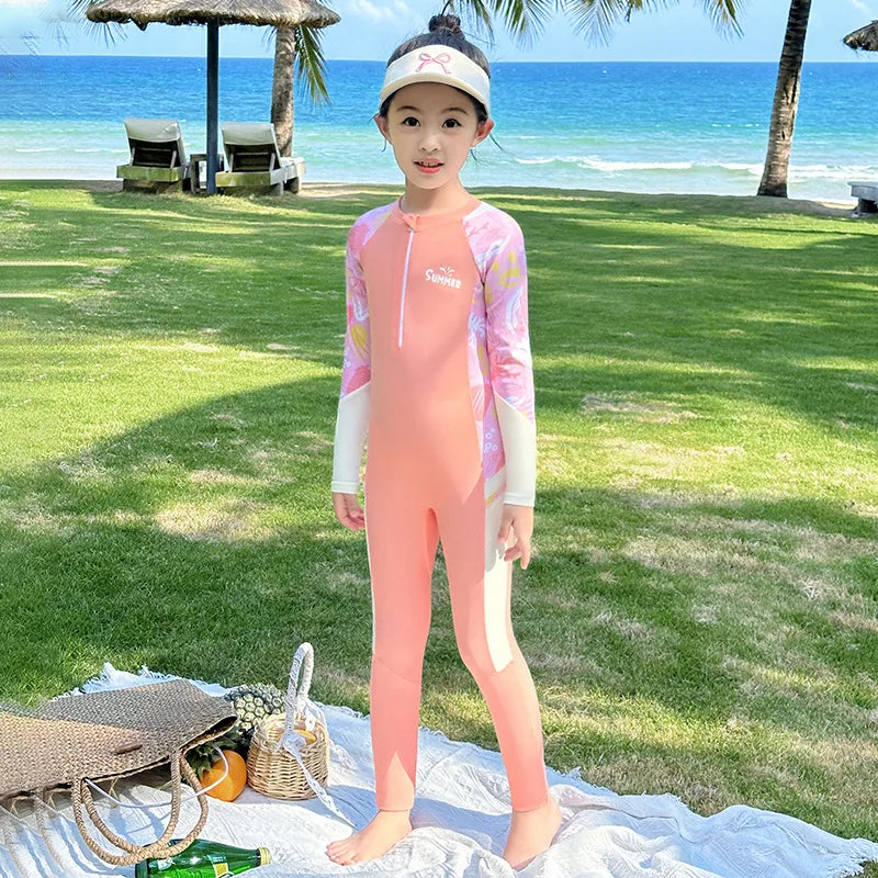 Sun Protection One Piece Girls' Swimsuit Girl Kids Swimming Suits Long Sleeve Childrens Bathing Suit Beachwear Surfing