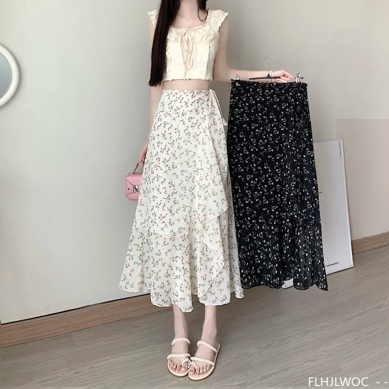 Wrap Up Chic Korea Clothes Women Cute Girls Floral Robe Holiday Beach Date High Waist Retro Vintage One-Piece Lace-Up Skirts