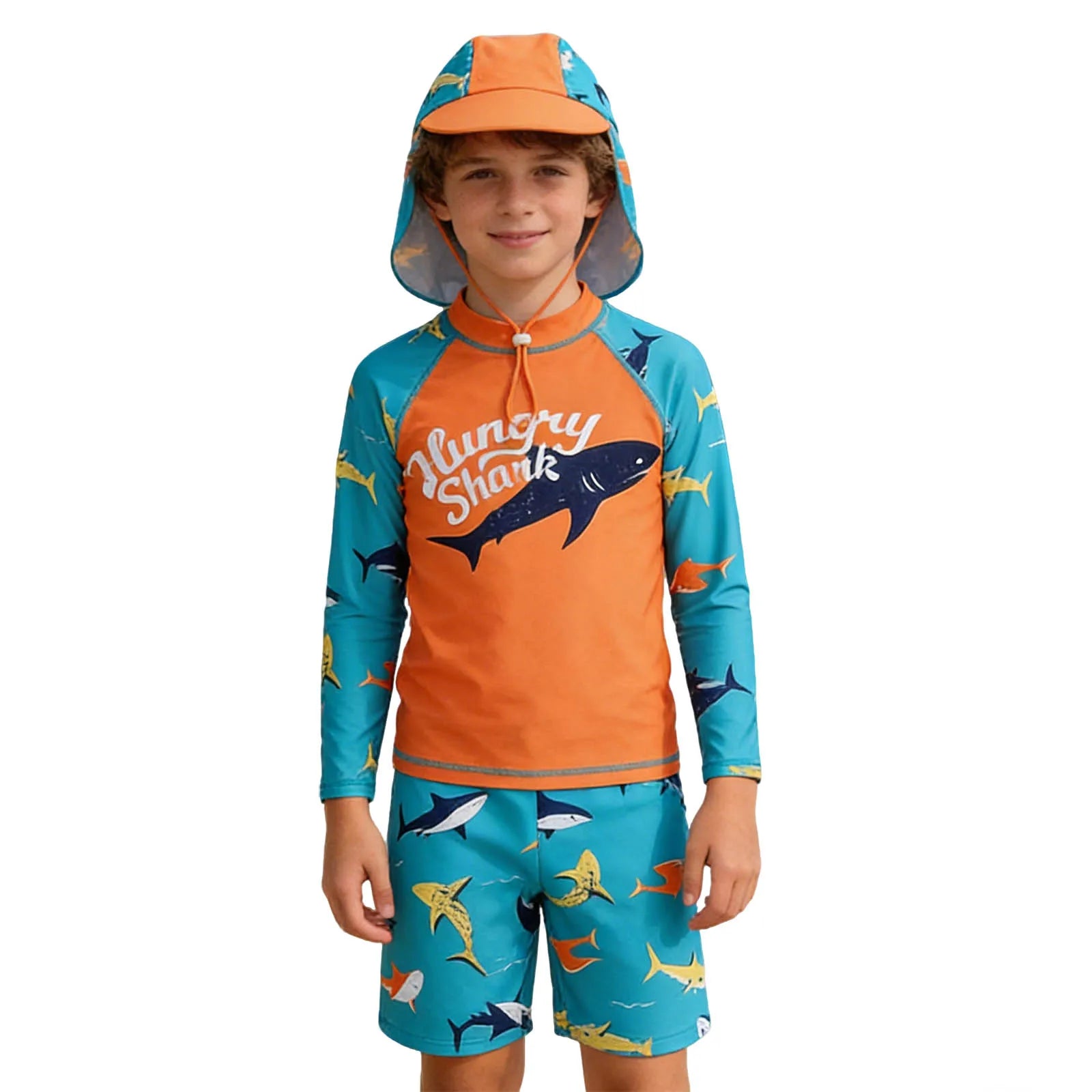 New Boys 3 Pieces Shark-patterned Swimwear Set Long Sleeve Top with Shorts Sunshade Cap Quick-dry Swimsuit Summer Bathing Suit