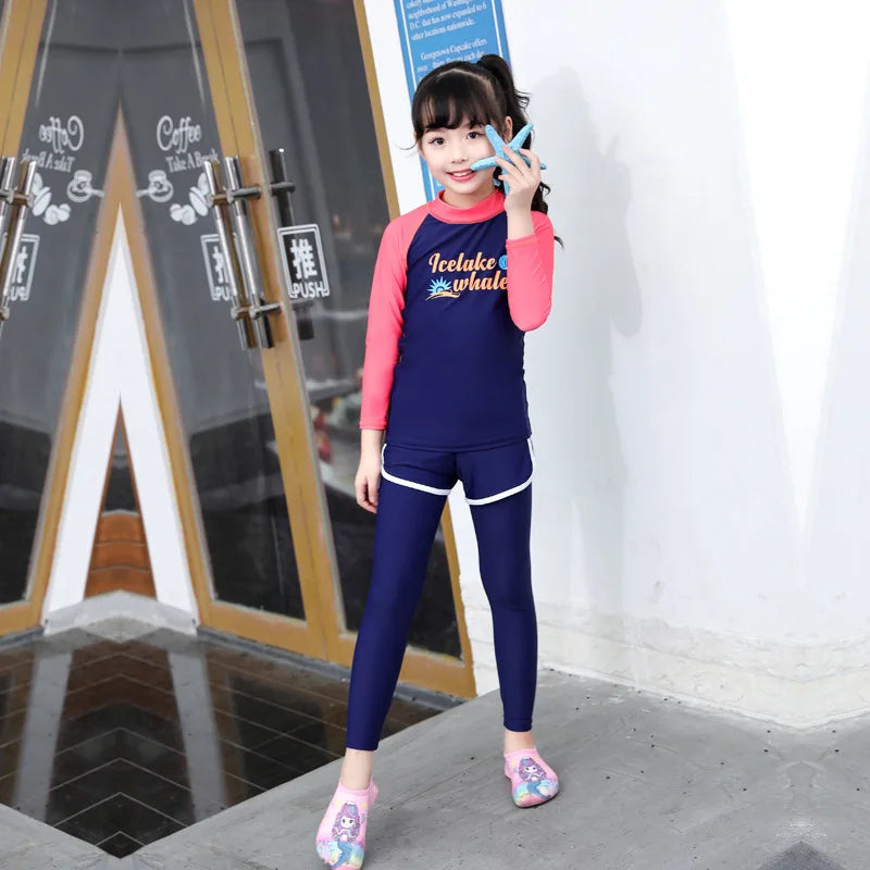 Kids Swimsuit 3 Piece Long Sleeve Rashguard Shirt and Bathing Shorts Leggings Swimwear Sun UV Protection Rash Guards Full Body