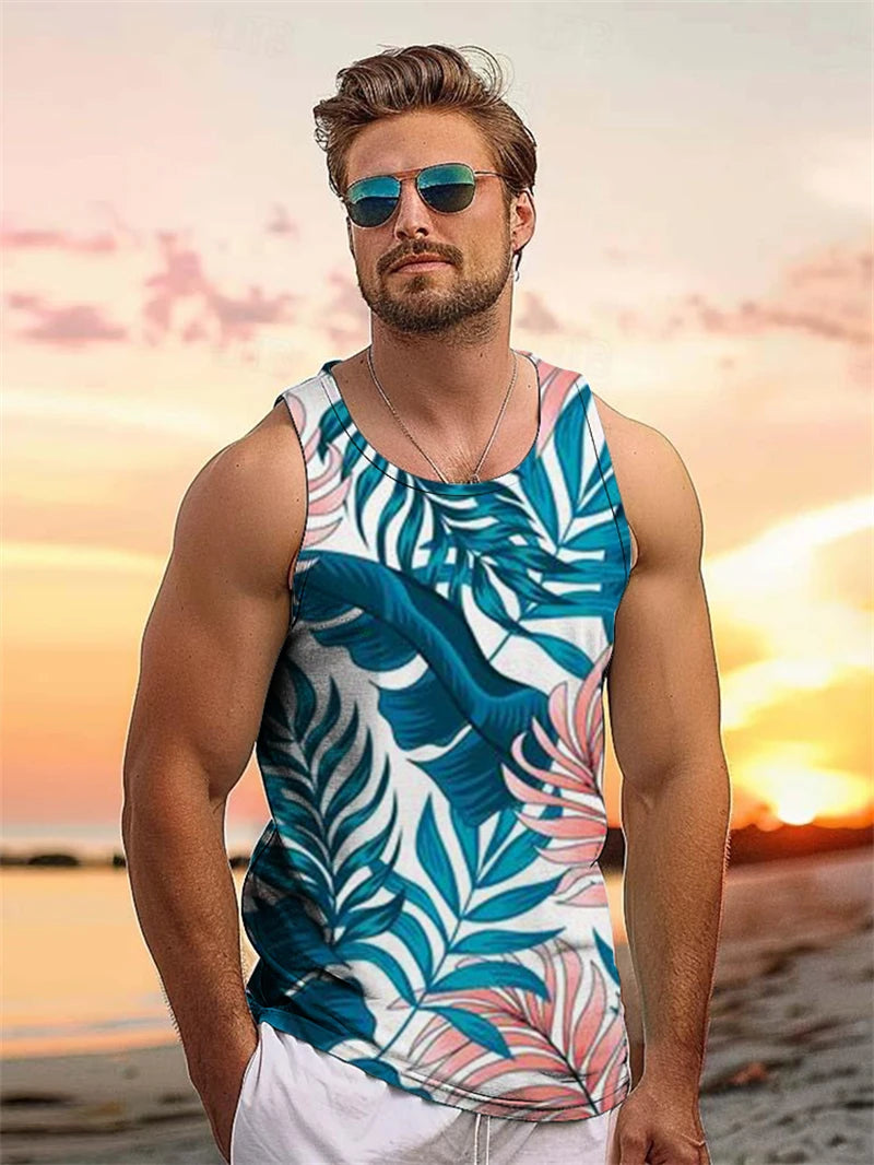 Tropical Plant Palm 3D Graphic Men's Sleeveless Hawaii Vacation Outdoor Casual Tank Tops Summer Travel Street Loose Men Clothing
