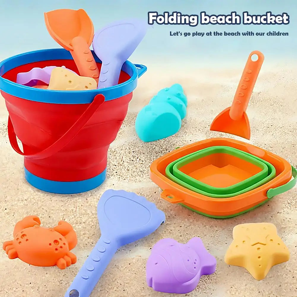 Foldable Beach Sand Toys Set Collapsible Bucket with Shovel & Molds for Sand, Snow & Water Play Portable Beach Toys for Toddlers