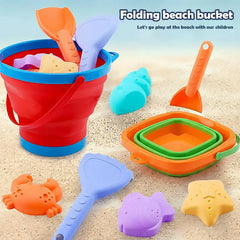 Foldable Beach Sand Toys Set Collapsible Bucket with Shovel & Molds for Sand, Snow & Water Play Portable Beach Toys for Toddlers