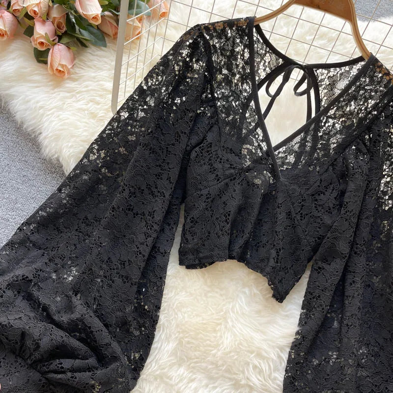 Frenchic Sexy Blusas Mujer Crochet Lace Sheer Women Tops V-neck Lantern Sleeve Backless Lace-up Ladies Elegant Blouse
