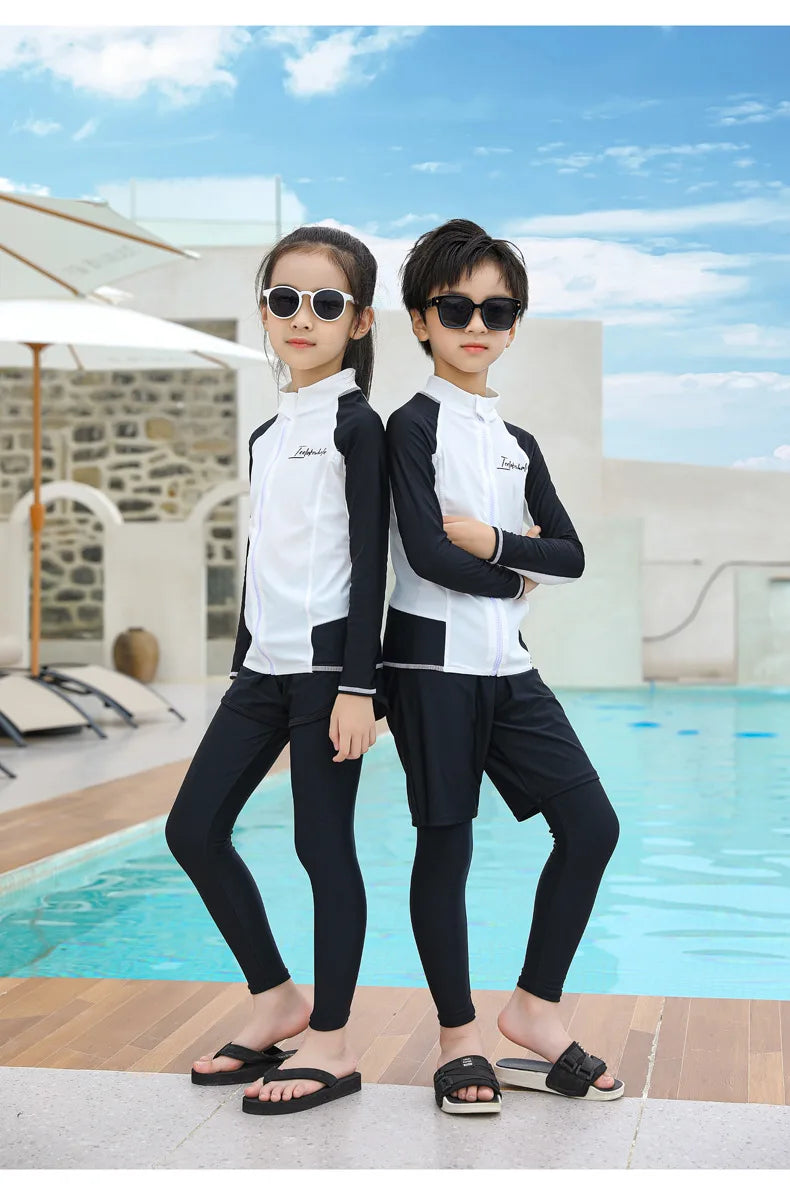 Three Piece Long Sleeve Cover Up Swimwear Korean Beach Wear Kids Girls Boys Swimsuit White Black Rash Guard Bathing Suits Pants