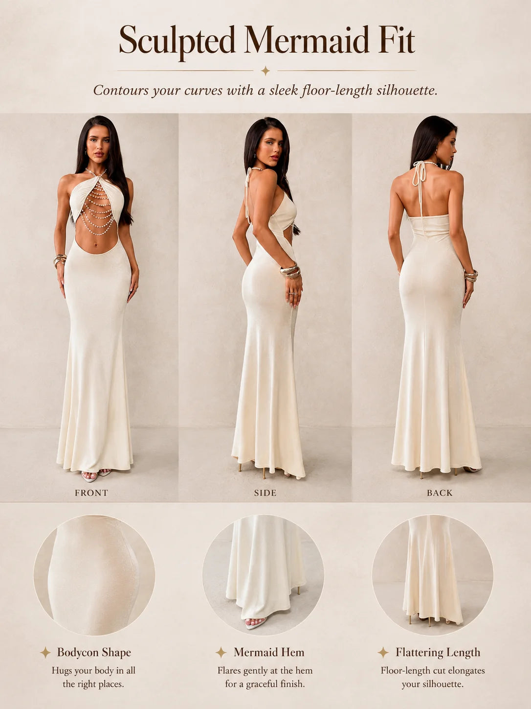 Halter Neck Cutout Bodycon Maxi Dress for Women, Pearl Chain Decor Sleeveless Backless Mermaid Dress Clubwear Cocktail Party Outfit