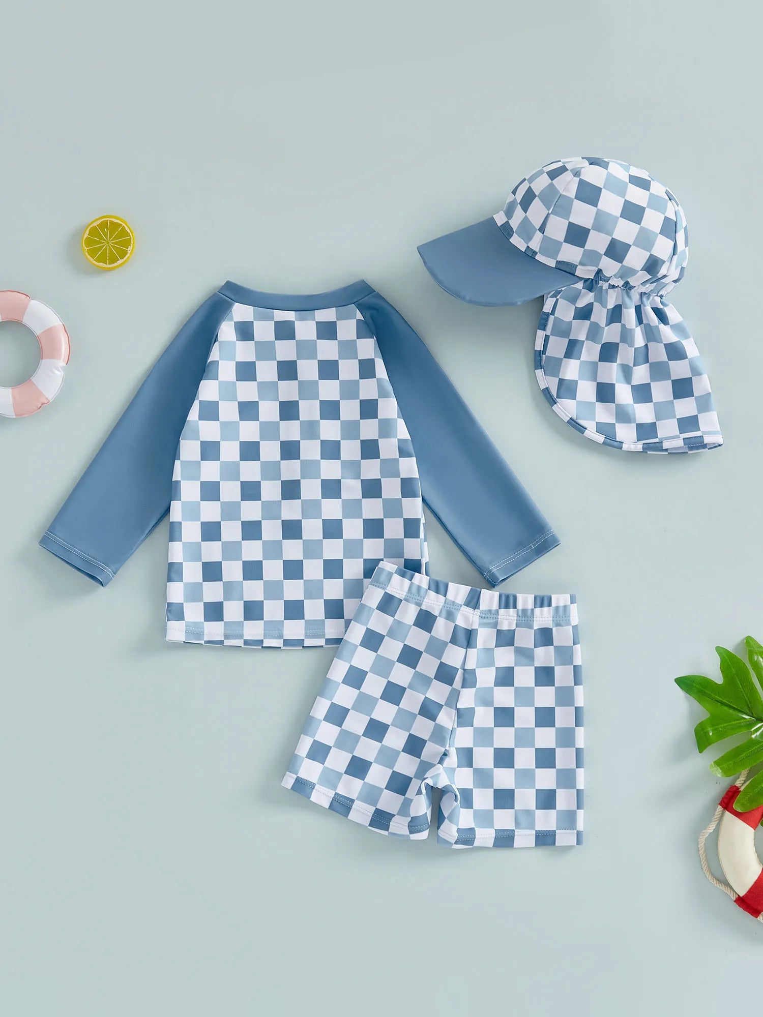1-4T Toddler Boy Swimsuit Set Checkered Long Sleeve Rash Guard Swim Tops Swim Shorts and Sun Hat 3 Piece Outfit