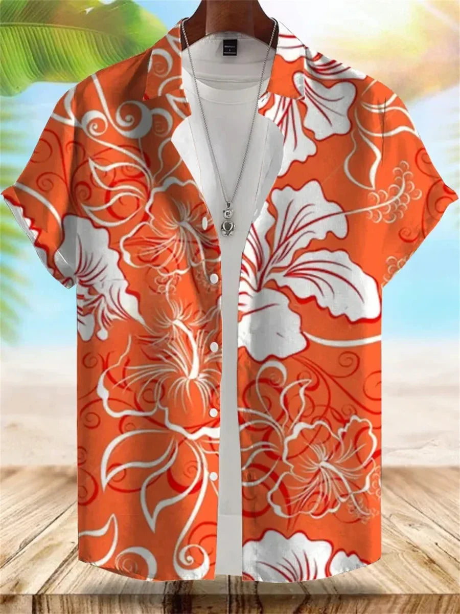 2026 Summer New Men's Tropical Floral Print Short-Sleeve Shirt, Casual Loose Fit, Vacation Style, Beachwear, Hawaiian Shirt