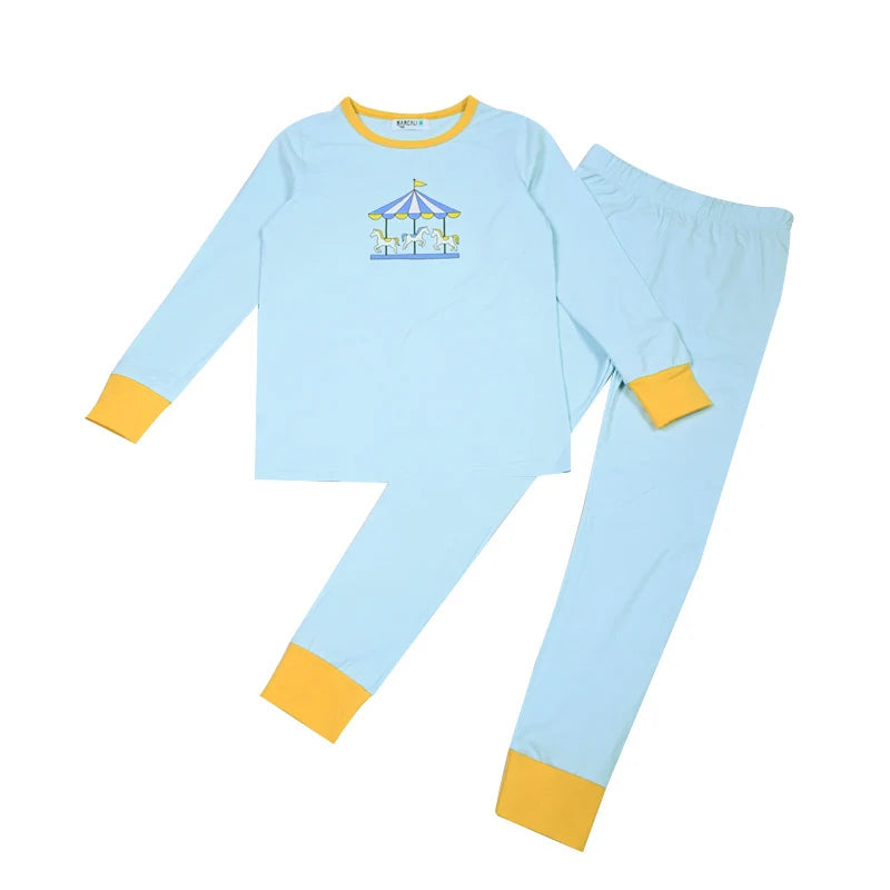 Summer Family Matching Set Long Sleeve Pajamas Brother and Sister Matching Pink and Blue Carousel Soft Print Sibling Clothes