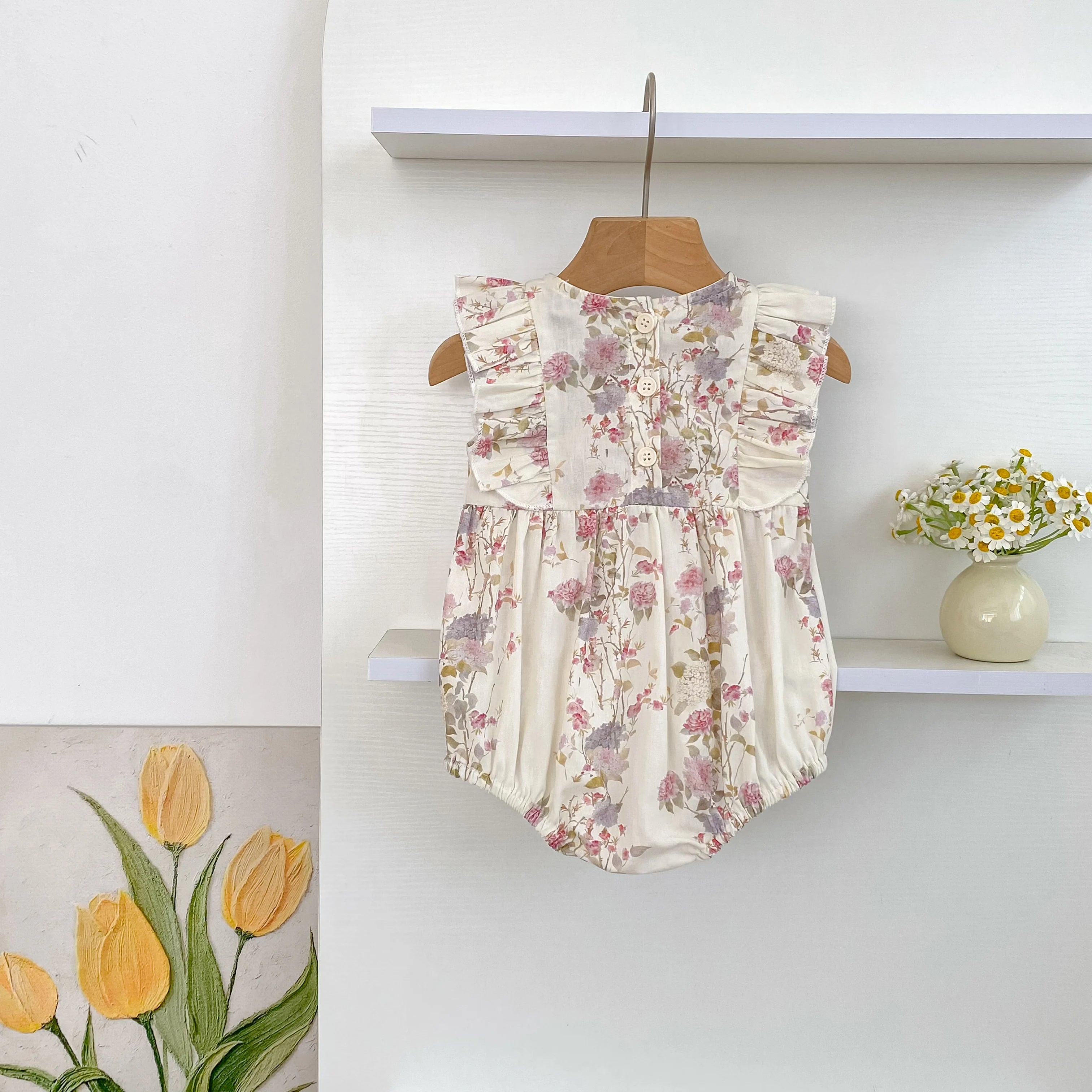 Girls Pink Floral Dress Ruffle Baby Romper Dress Summer Kids Short Sleeve Beach Dresses Toddler Bodysuit Sister Family Clothes