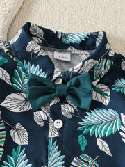 Baby boy spring and summer beach vacation set with maple leaf print top, short sleeves, shorts, hat, and belt – 4 pieces