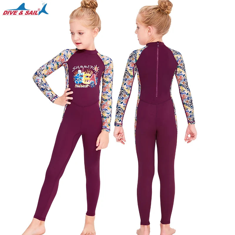 Kid's Full Body Swimwear Boys&Girls One Piece Swimsuit Long-Sleeve Water Sports Rash Guard UPF 50+ Sunsuit Sets 2-8Y
