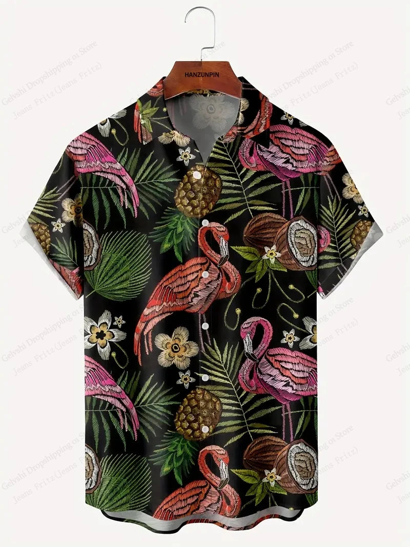 Summer Men's Vocation Lapel Camisa Oversized Hawaiian Shirts Flamingo 3d Print Fashion Men Women Beach Short Sleeve Blouse Boy