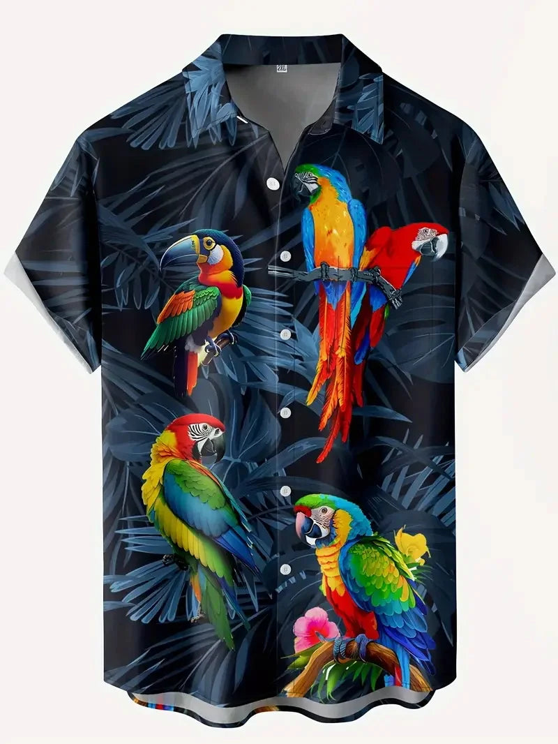 Men's Vibrant Parrot Tropical Floral Print Hawaii Shirts Casual Short Sleeve Button Up Beach Shirt for Men Summer Vacations