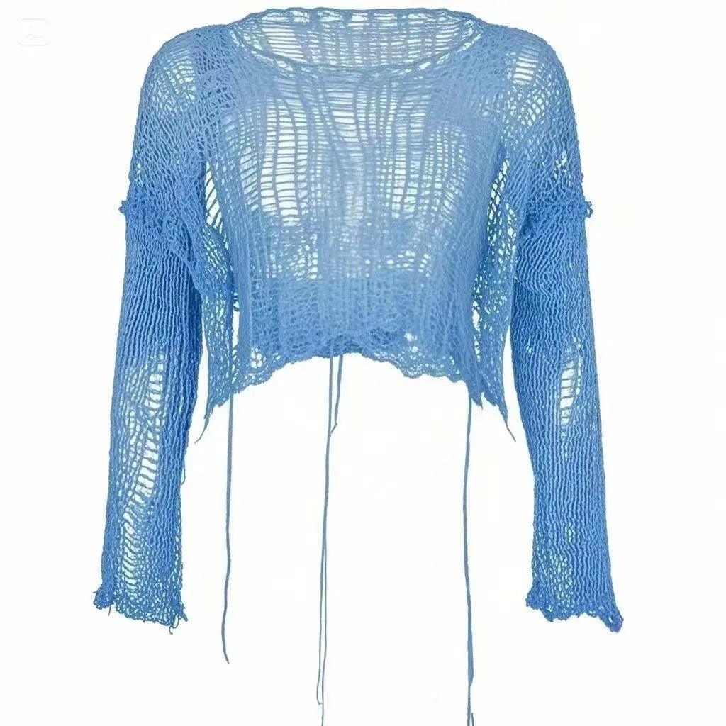 Y2k Cropped Hole Sweater Sexy Gyaru Hollow Out Knit Pullovers Goth Korean Long Sleeve Jumper Summer Fashion Sheer Knitwears Tops