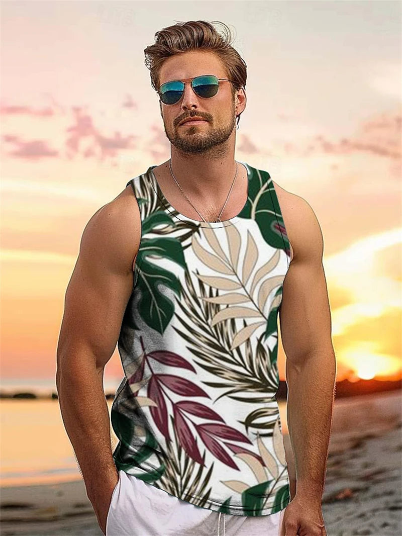 Tropical Plant Palm 3D Graphic Men's Sleeveless Hawaii Vacation Outdoor Casual Tank Tops Summer Travel Street Loose Men Clothing