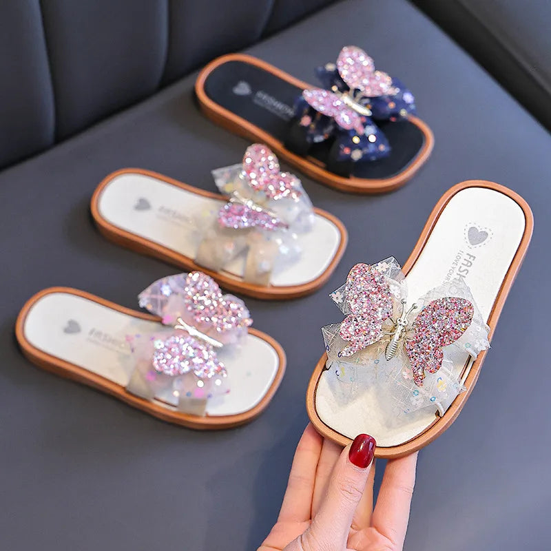 2026 Children's Summer Butterfly Knot Beach Sandals Plastic Slip-On Home Slippers Anti-Slip Beachwear Girls Flip Flops
