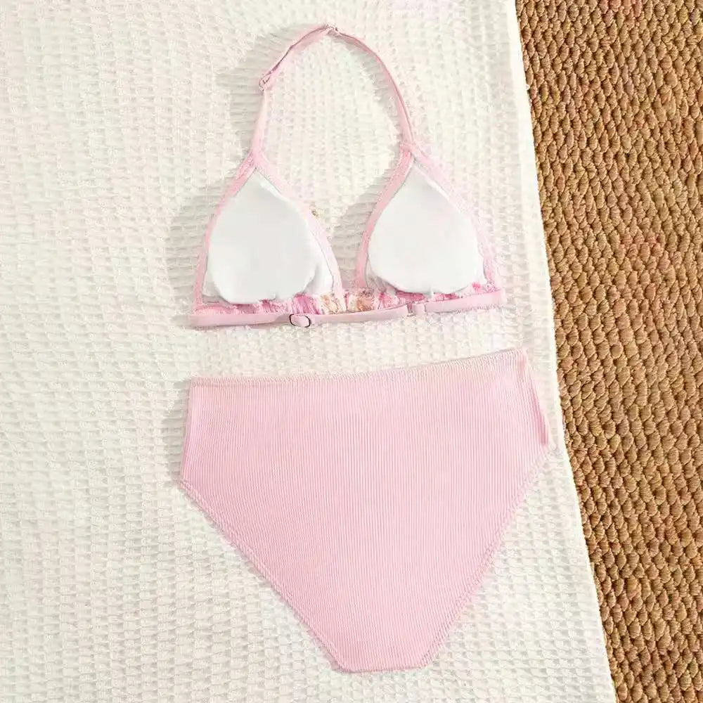 2026 Solid Girls Swimsuit Halter Triangle Bikinis Kids Swimwear Female Children's Bathers Bathing Swimming Swim Suit 8-12Y