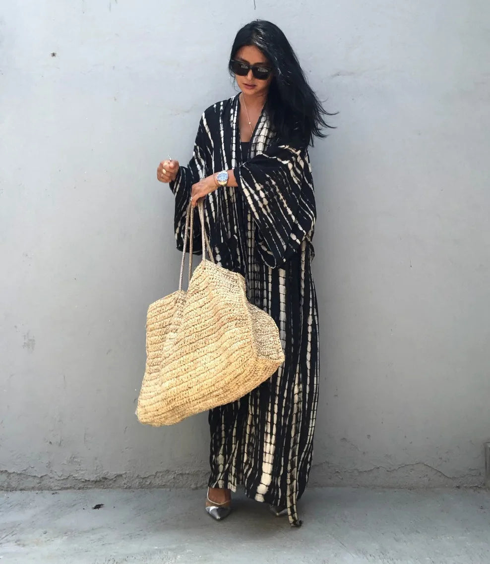 Women's Boho Stripe Tie Dye Swimsuit Cover Up with Belt Tunic Sarong Cardigan Dress Bikini Cover-ups Beach Wear Kimono