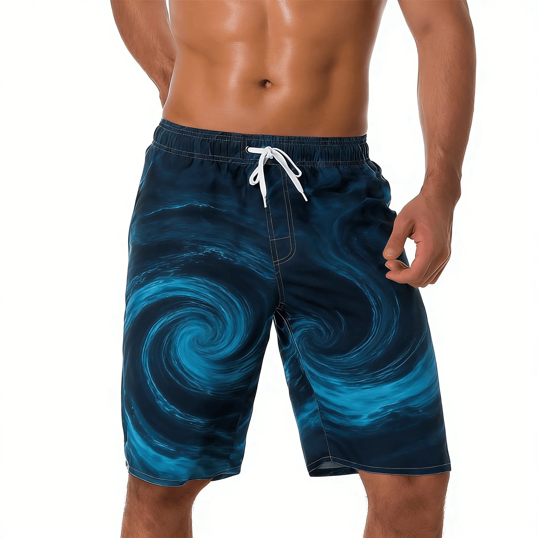 Men's Cyan Gradient Water Ripple Print Drawstring Shorts, Spring Summer Fresh Beach Casual Shorts, Pocket Beach Shorts