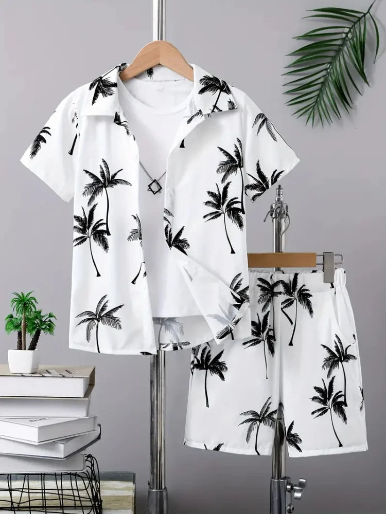 Men's Short-sleeved Shirt Set Blue Ocean Palm Tree Print Hawaiian Seaside Vacation Style Shirt Set