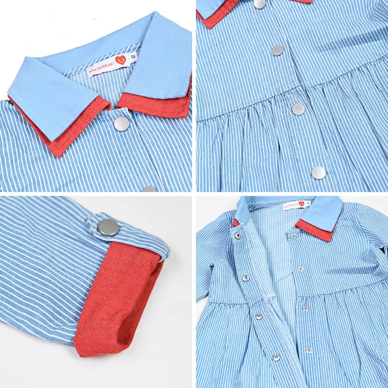 Kids Family Sibling Matching Pinstripe Clothes Set Girls Teenage Dresses Boys Shirt Baby Rompers Garment Washed Children Clothes