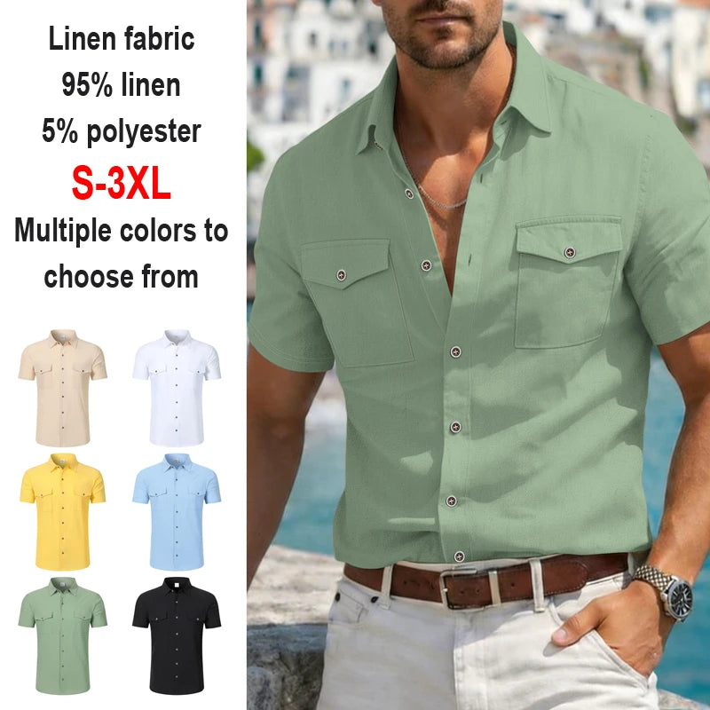 Men's Linen Casual Short Sleeve Shirt Lapel Collar Button Lightweight Breathable Summer Daily Beach Vacation Work Shirt for Men