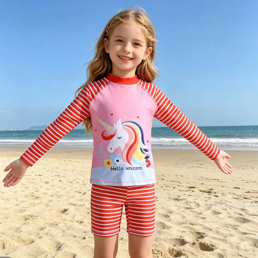 Children Surfing Suit Boys 2 to 3 4 5 6 7 8 9 10 11 Years Kids Swimming Suits Girls Spf 50+ Long Sleeves Stripe Swim Tops+Trunks
