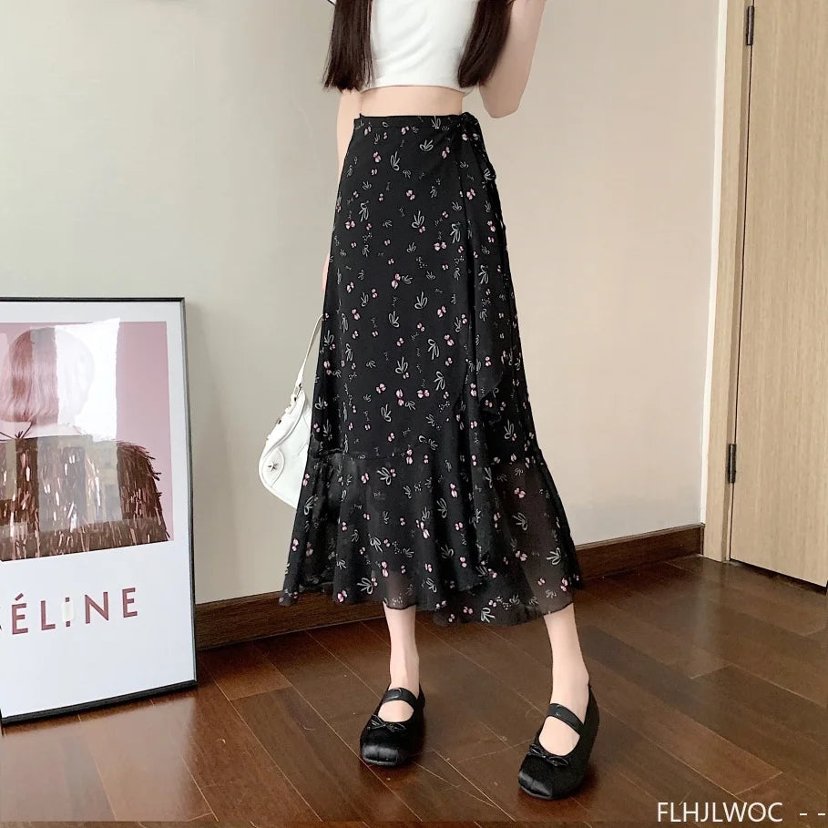 Wrap Up Chic Korea Clothes Women Cute Girls Floral Robe Holiday Beach Date High Waist Retro Vintage One-Piece Lace-Up Skirts