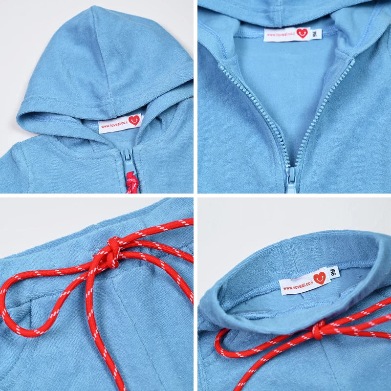 Summer Terry Sibling Clothing Set for Boys And Girls Blue Shirt for Boy Girl Dress Zipper With Colorful Drawstring Teens Outfit