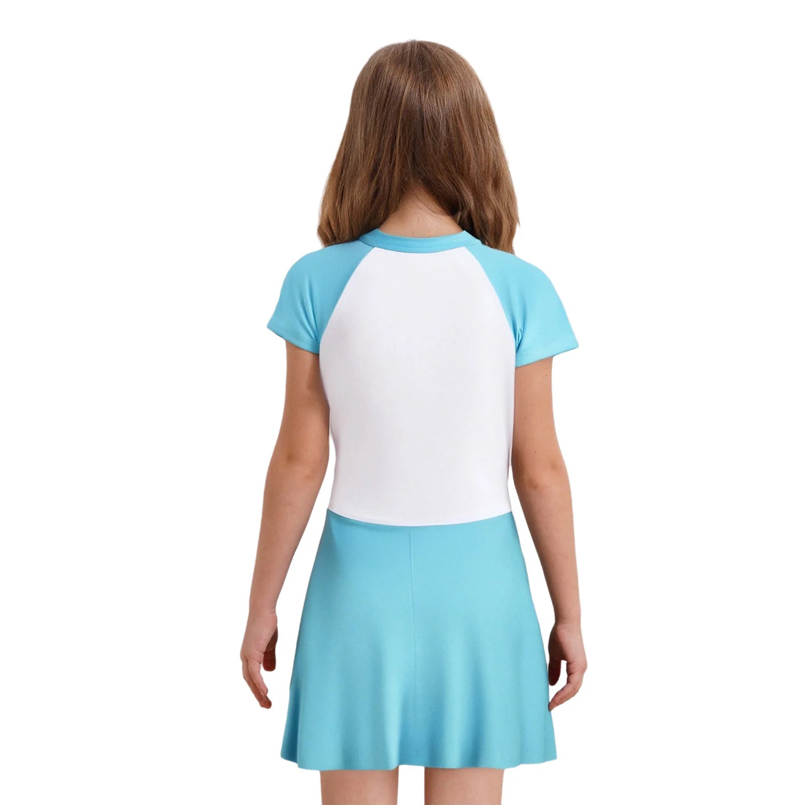 Fashion Girls One Piece Swim Dress Short Sleeve Color Block Swimsuit with Chest Pads Front Zipper And Safety Shorts Beachwear