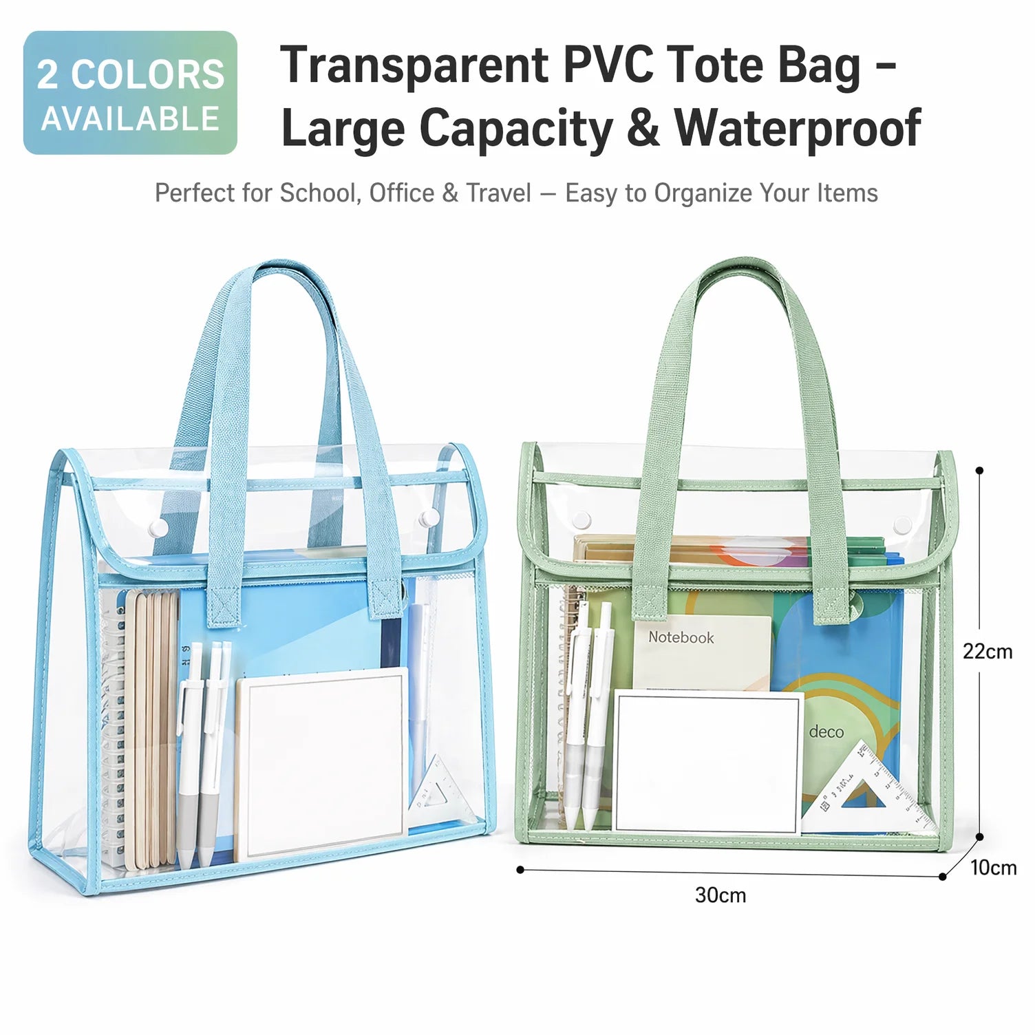 Clear Transparent PVC Tote Bag Large Capacity Waterproof Mesh Pocket Reinforced Handle for School Commute Beach