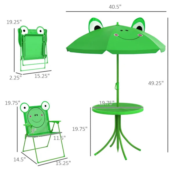 Cute Monkey Kids Patio Table Chair Set with Removable Cartoon Sun Umbrella, Foldable Portable Outdoor Toddler Furniture, 2 Folding Chairs Round Metal Table, Space Saving Kids Play Dining Set for Backyard Garden Lawn Picnic Be