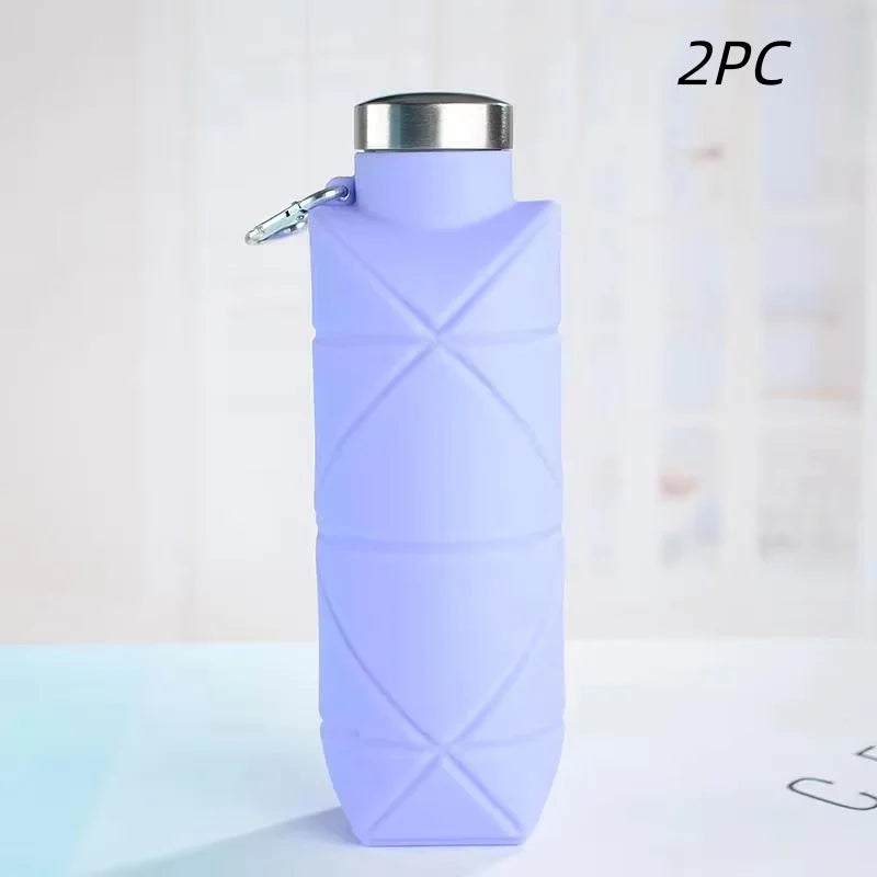 LUSQI 700ml Travel Outdoor Sports Silicone Folding Rhombus Water Bottle Portable Drop-Proof Water Cup Steel Lid Telescopic Cup