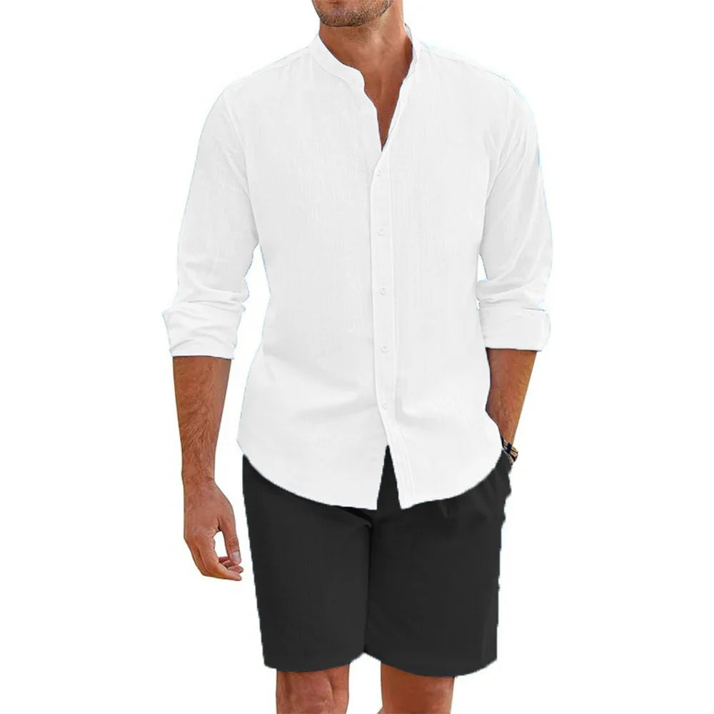 2 pcs Sets Men's Summer Cotton Linen Shirt and Shorts Cardigan Simple Casual Beach Shirts Comfortable Hawaii Wear