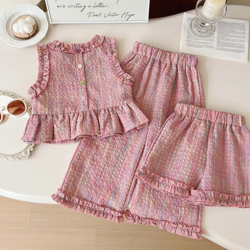 2pc/Set Baby Girl Set Summer Pink Checkered Cotton Sleeveless Top Long Pants Costume For Baby Cute Girls' Beach Set