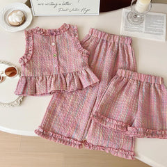 2pc/Set Baby Girl Set Summer Pink Checkered Cotton Sleeveless Top Long Pants Costume For Baby Cute Girls' Beach Set