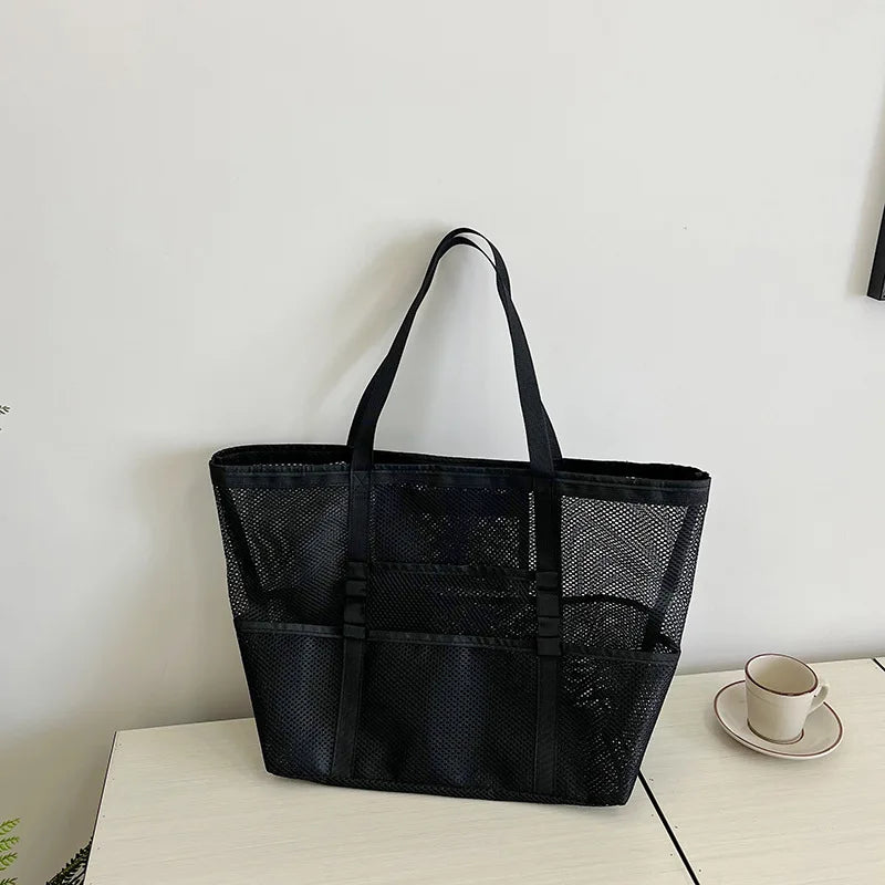 Large Capacity Canvas Beach bag Versatile Commuting Shopping Shoulder bag Lightweight Semi Transparent Mesh Hollow bag