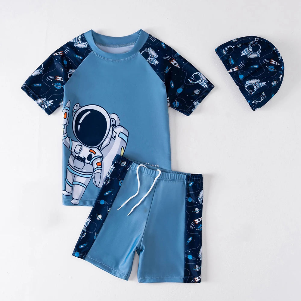 Boys Astronaut Swimsuit Set 3Pcs Kids Rash Guard Swimwear Short Sleeve Shirt + Shorts + Cap Children Beachwear UPF50+