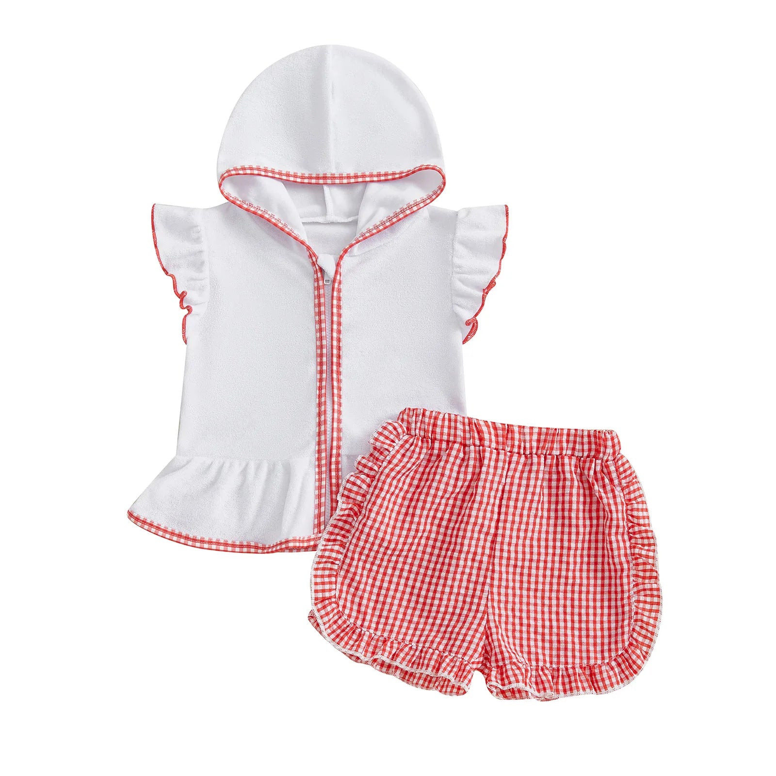MISOWMNJOY Children Girls Beach Clothes Set Cute Flying Sleeve Zipper Hood Tops with Ruffled Plaid Shorts Summer Toddler Outfits