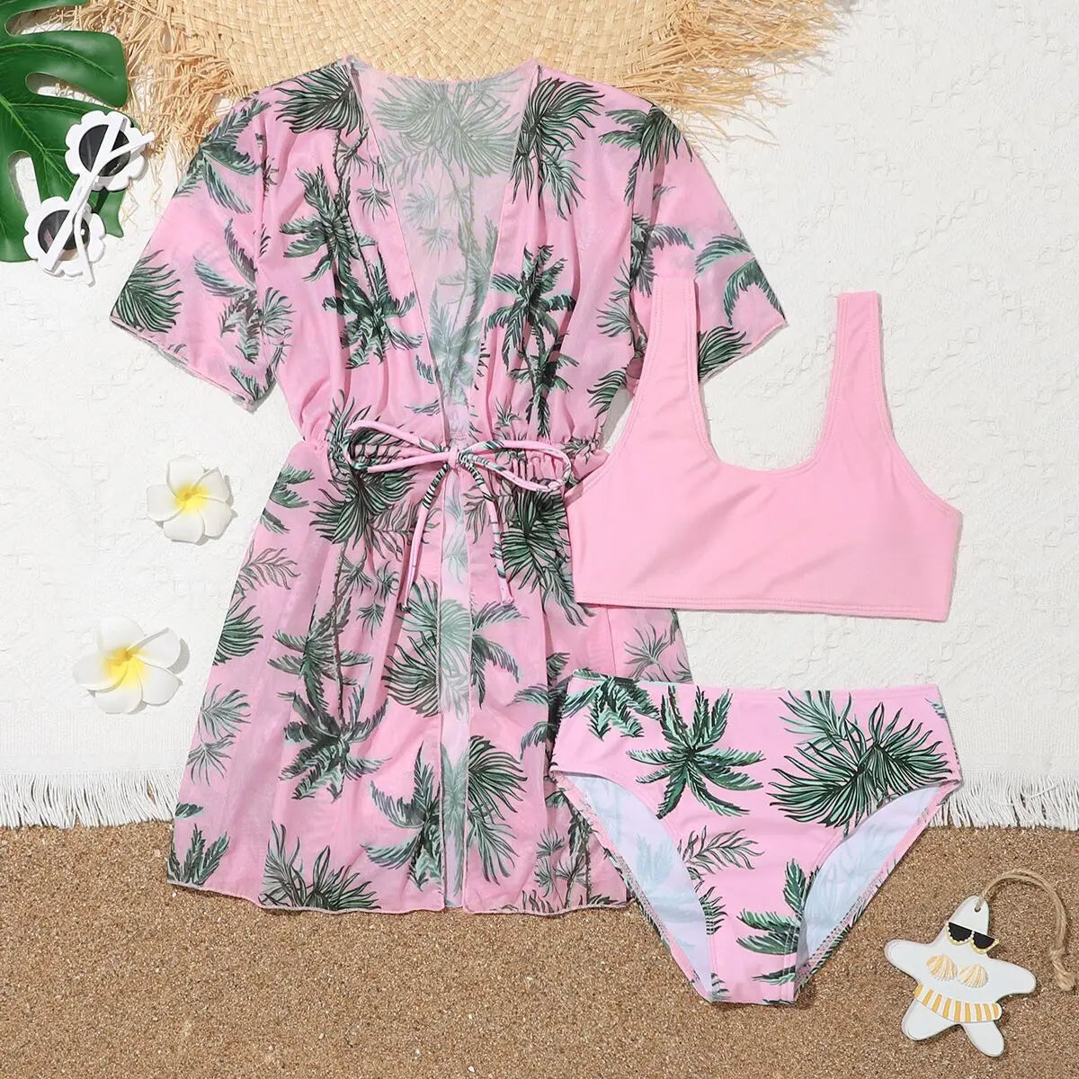 Girls 3pack Palm Tree Print Pink Bikini Kids Swimsuit&Kimono 7-12 Years Three Pieces Children's Swimwear Cover Up Bathing Suits