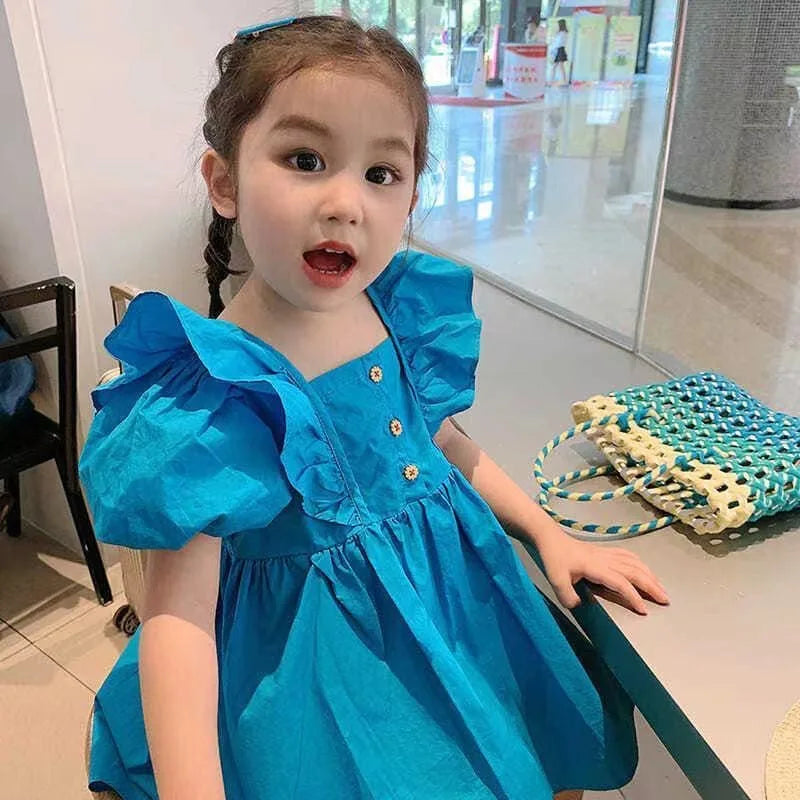 2025 New Children's Dress Girls' Summer Korean Edition Fashion Bubble Sleeves Checkered Strap backless Dress 1-6Y