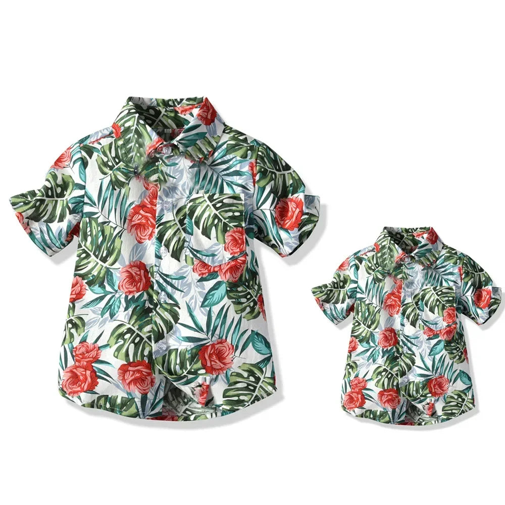 Boy Hawaiian Flower Shirt  Lapel Short Sleeve Father Kid Shredded Casual Cardigan Parent Child Clothe Button Summer Beach Blouse