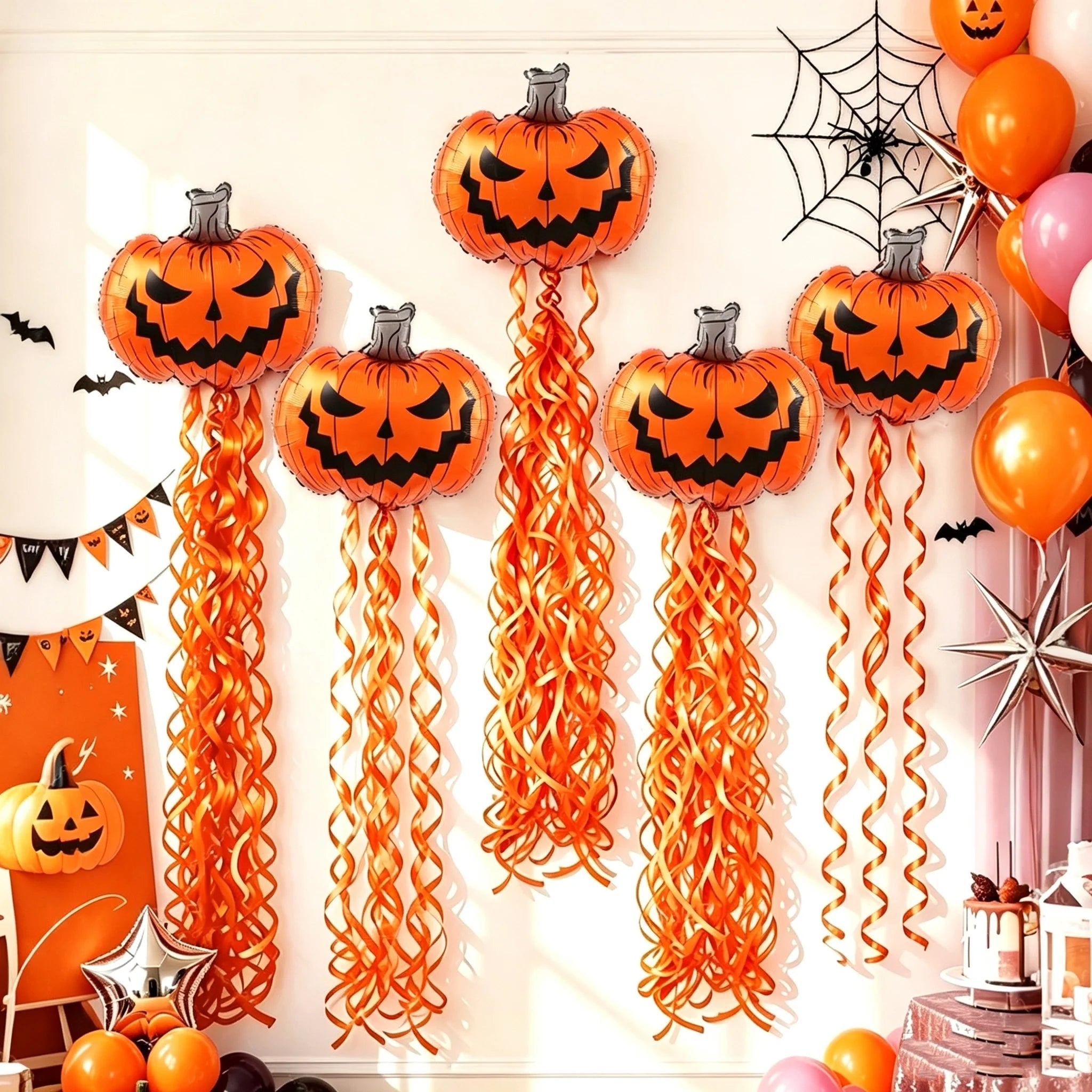 7 Pieces--Halloween Decoration Supplies, Scary Pumpkin Balloons and Spiral Tassel Rain Curtain Set, with Adhesive Dots, Suitable for Halloween Parties, Trick-Or-Treating, Birthday Parties, and Horror Celebration Backdrop Deco