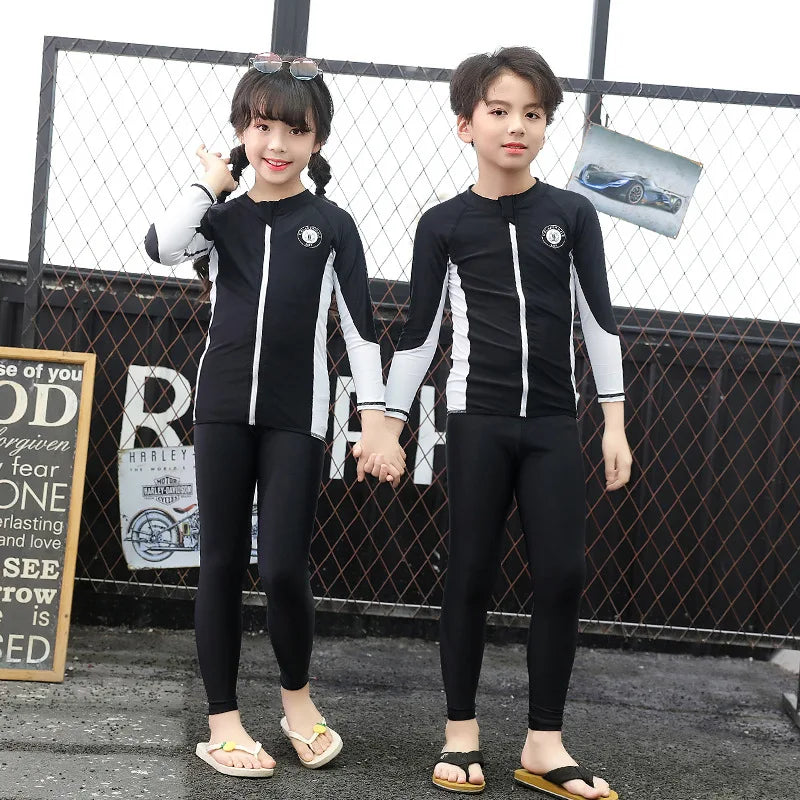 Boys Girls Swimsuit Long Sleeve Sun Protection Swimming Bathing Surfing Wetsuit Beach Wear Teenager Rash Guard