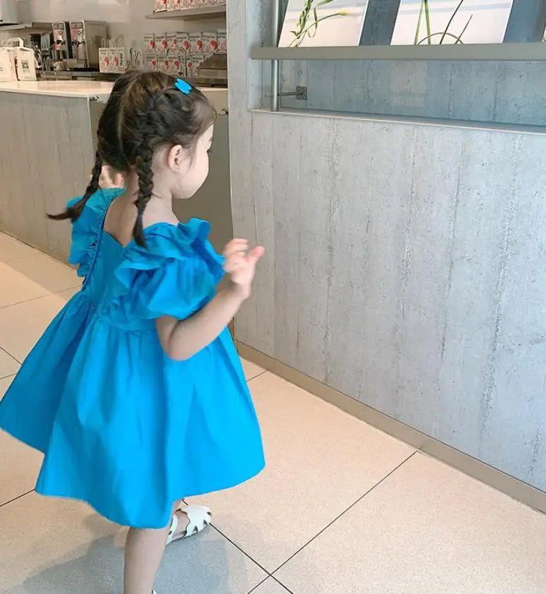 2025 New Children's Dress Girls' Summer Korean Edition Fashion Bubble Sleeves Checkered Strap backless Dress 1-6Y