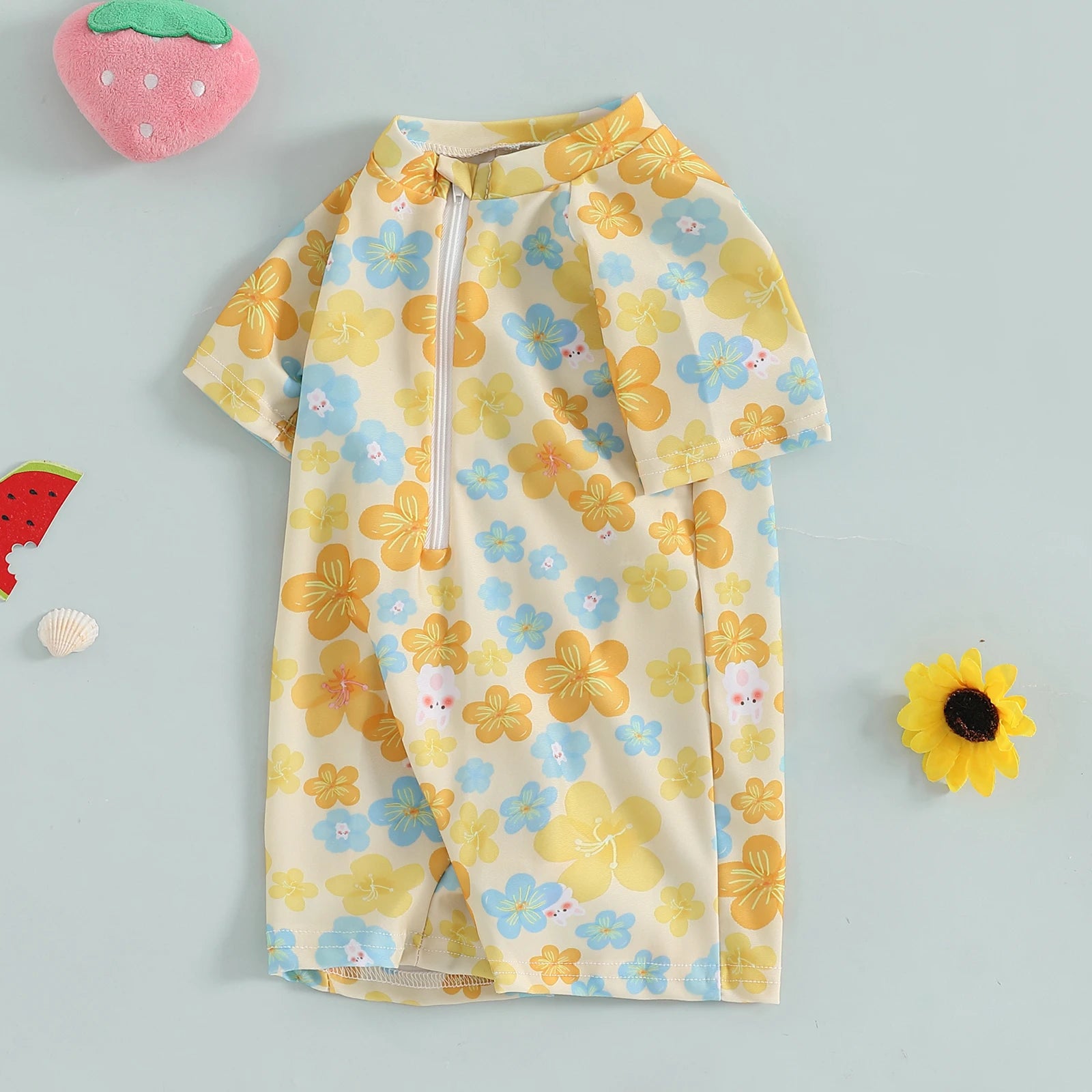 Summer Toddler Baby Girl Short Sleeve Swimwear Bathing Suit Infant Rash Guard Swimsuit Kids Cherry/Bow Print Zipper Beachwear