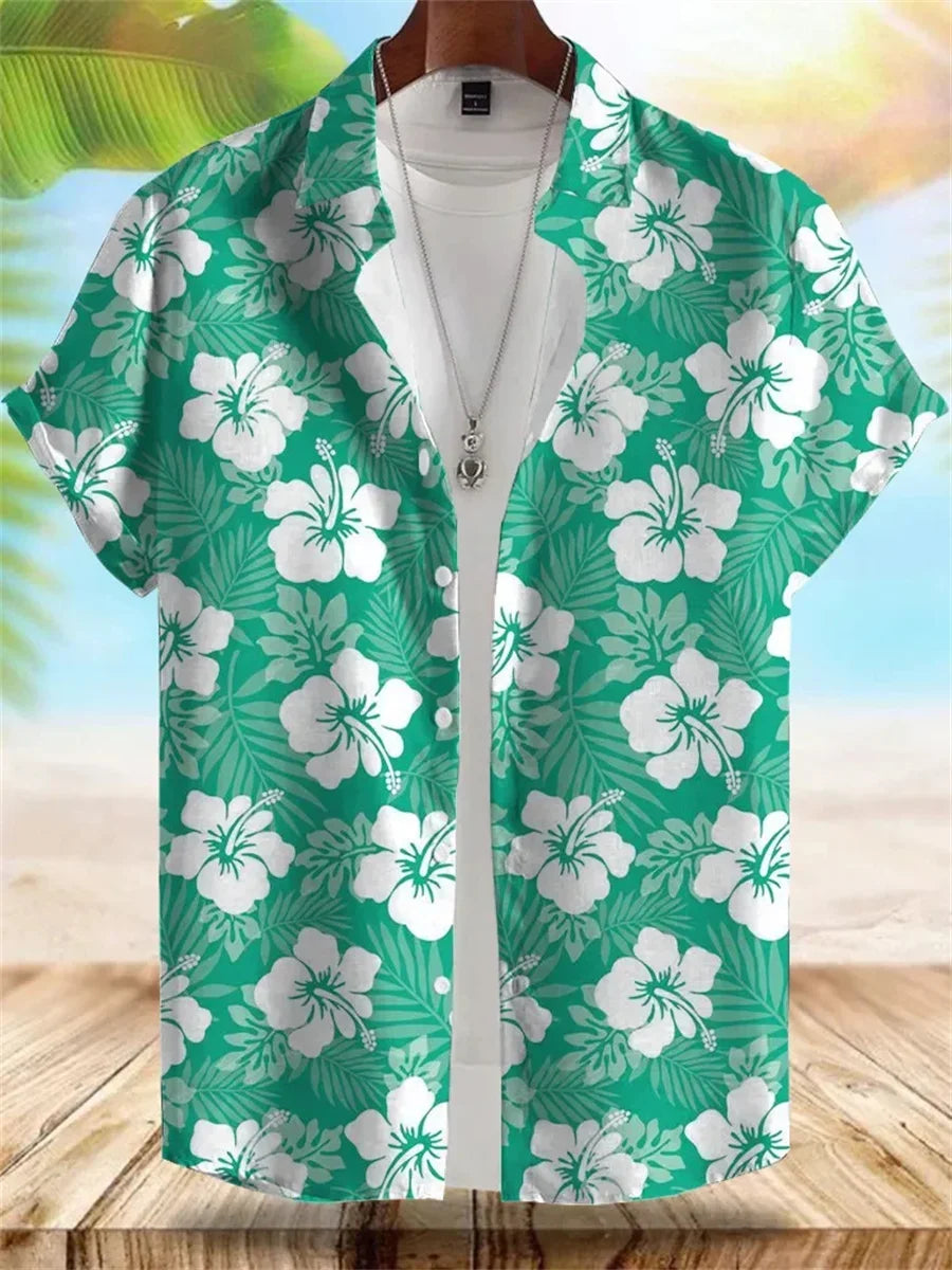 2026 Summer New Men's Tropical Floral Print Short-Sleeve Shirt, Casual Loose Fit, Vacation Style, Beachwear, Hawaiian Shirt